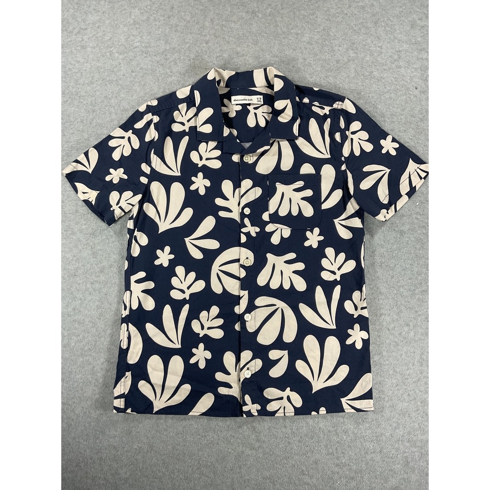 Abercrombie Kids Navy Blue Leaf Print Short Sleeve Button Up Shirt 9/10 2932
